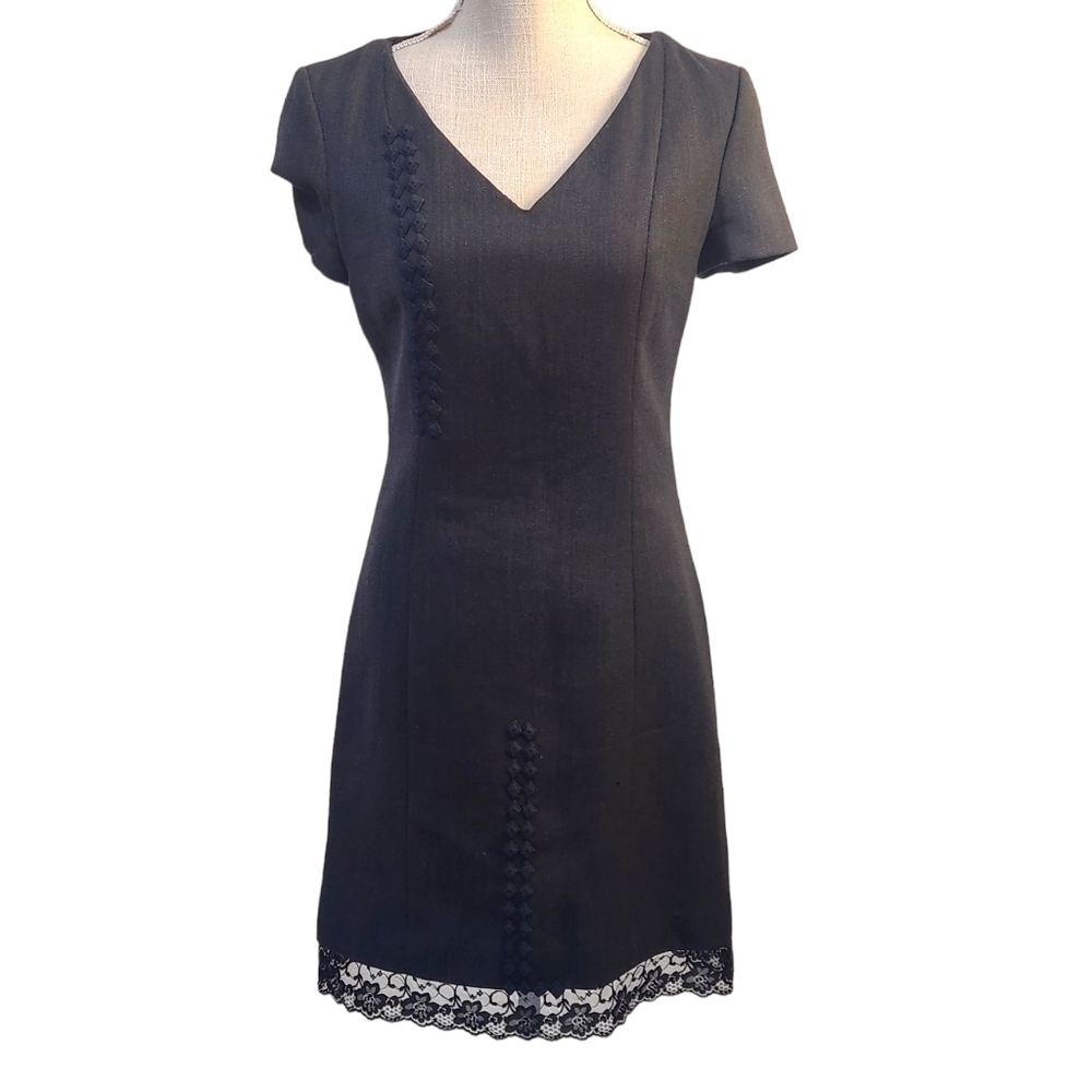 Paradiso Black Skater Style Dress Navy Blue X-Stitch With Lace peek-a-boo Sz: 2